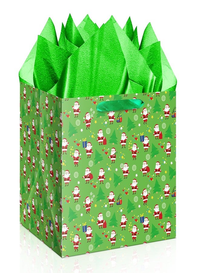 Jaywayang Extra Large Christmas Gift Bag with Tissue Paper, 11.8" Square Green Christmas Santa Claus Design Paper Bags with Handles for Xmas Holiday Presents Wrapping. - Image 1